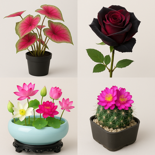 Pachet 4 flori exotice și rare – Caladium, Trandafir, Lotus, Cactus